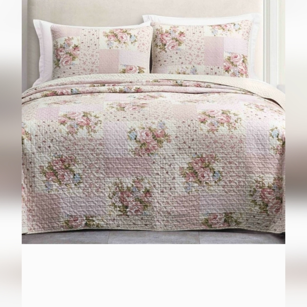 Cotton Quilt Set - Rosy Pink Chic Floral Bedding Coverlet Set
